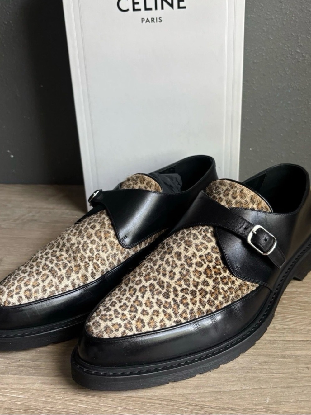 Celine Hedi Slimane Leopard Pony Hair Strap Loafers Sz 45 USED 1X